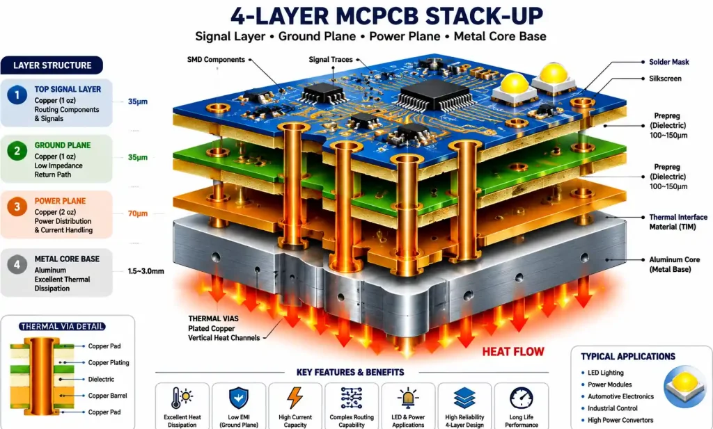 4-layer Metal Core PCB hybrid structure with signal, ground, power planes and thermal vias