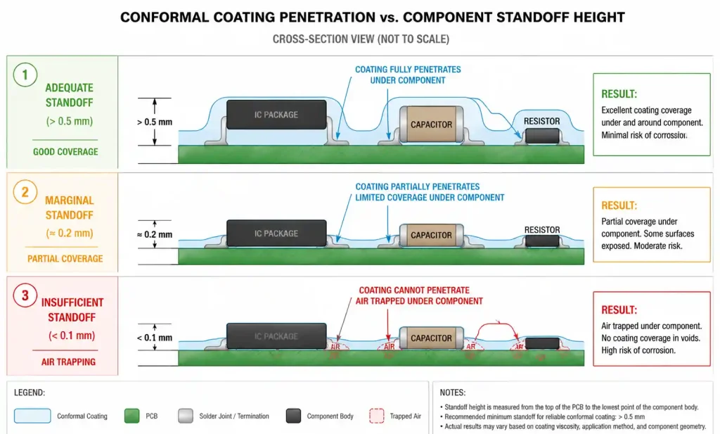 Component standoff height and conformal coating penetration diagram