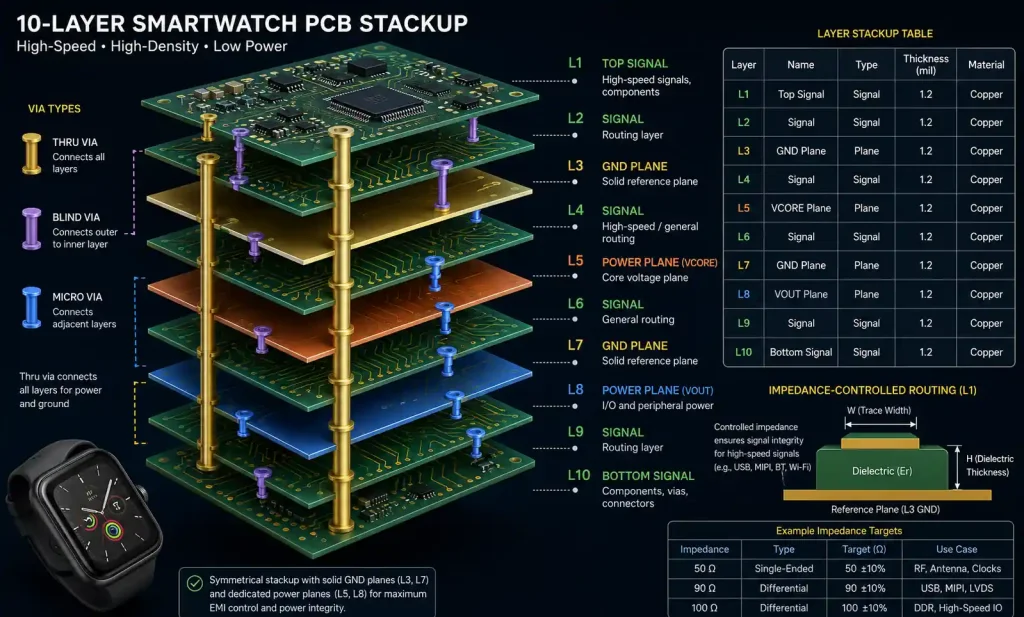 10-layer PCB stackup diagram showing signal layers, ground planes, and power planes