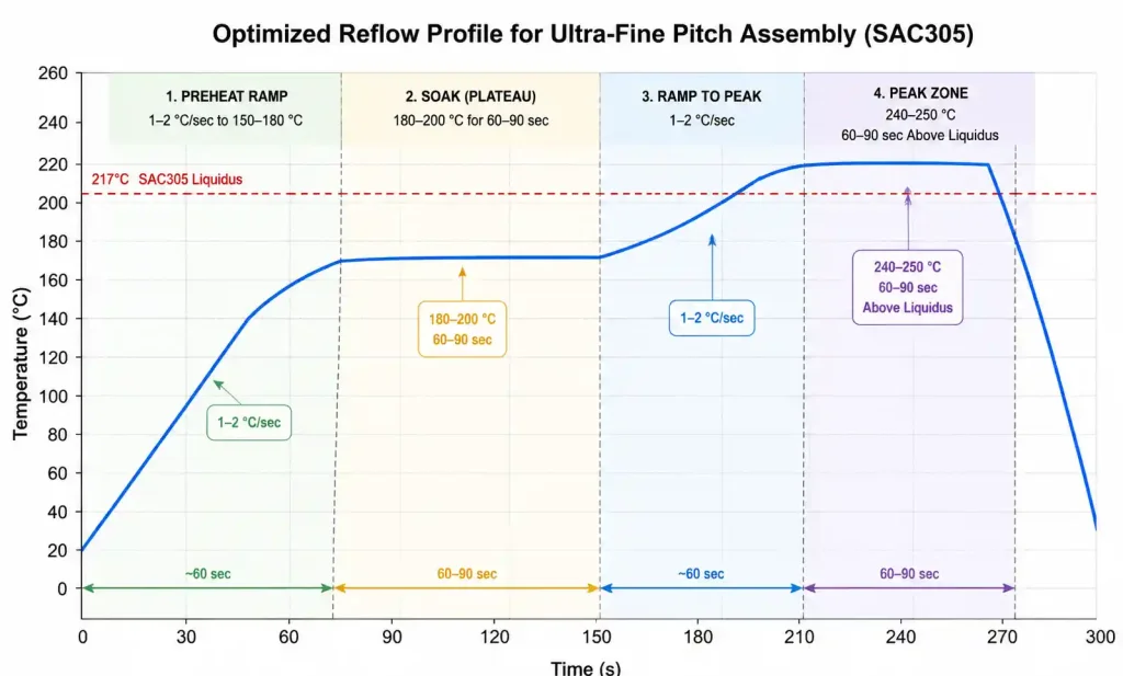 Reflow temperature profile chart optimized for 0.18mm pitch BGA assembly