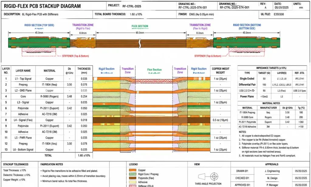 Detailed rigid-flex PCB fabrication drawing showing layer stackup with material specifications and thickness callouts