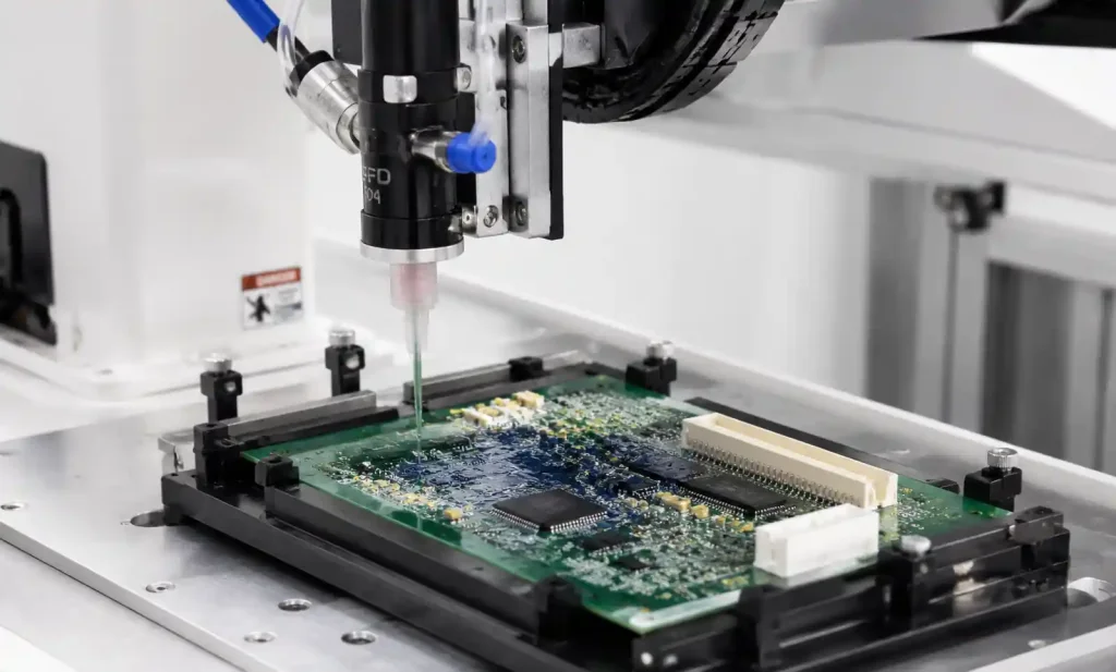 Selective conformal coating robot applying coating to PCB assembly with precision dispensing