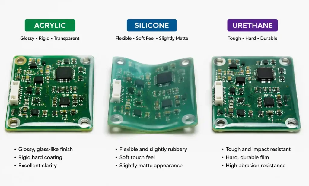 Visual comparison of acrylic silicone urethane conformal coatings on PCB samples