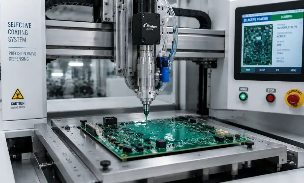 Automated selective conformal coating dispensing system for outdoor PCBs