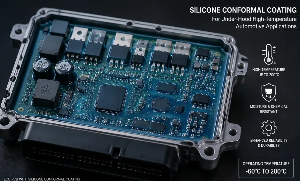 Automotive ECU with silicone conformal coating for high-temperature protection