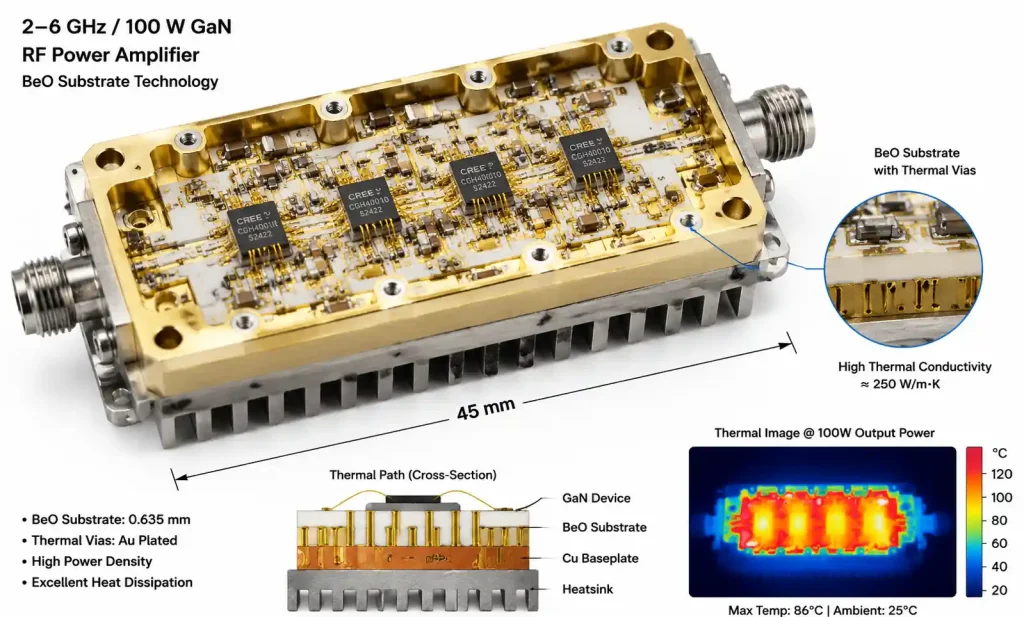 High-power RF amplifier module on BeO substrate showing component layout