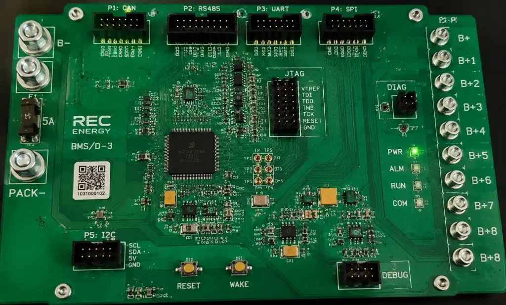 BMS board with test points, JTAG interface, and diagnostic access points for certification testing