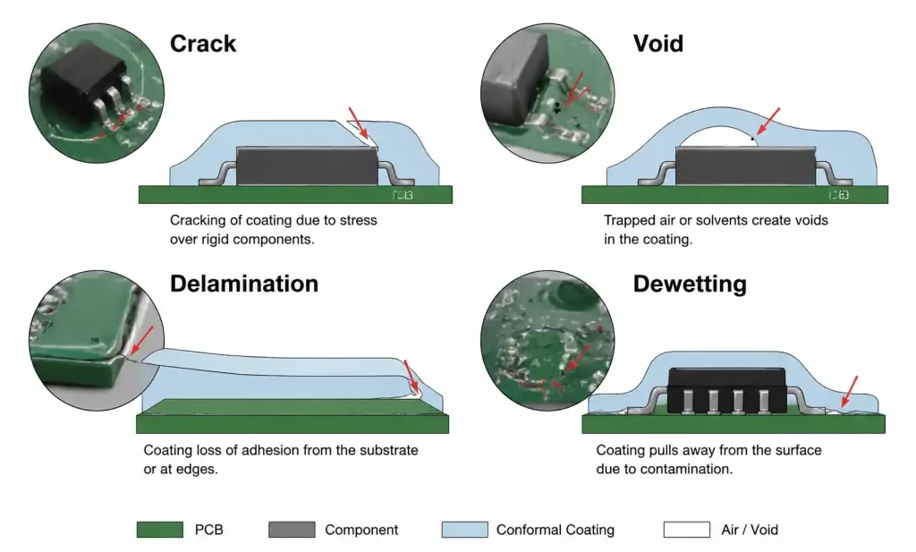 Common conformal coating defects including delamination, cracking, and dewetting