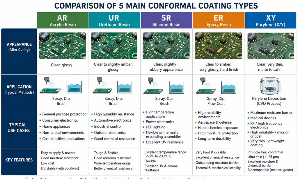 Different types of conformal coatings - acrylic, urethane, silicone, epoxy, and parylene