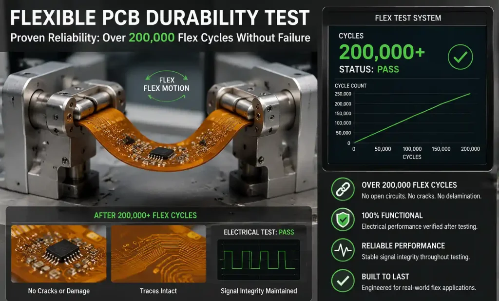 Flexible PCB undergoing dynamic flex cycle testing equipment