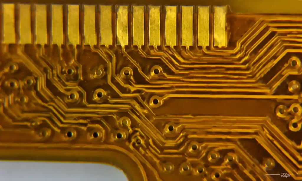 Microscope photograph showing minimum trace width, spacing, and via dimensions on flexible PCB