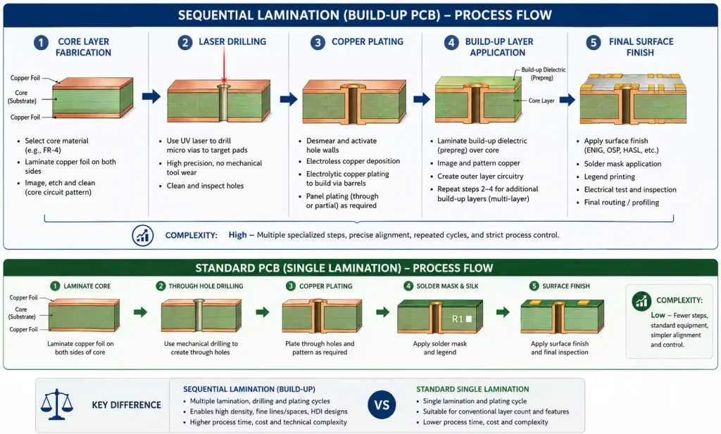 HDI PCB sequential lamination manufacturing process flow