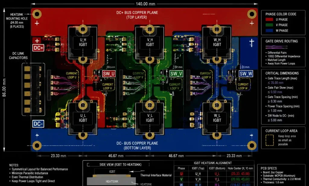 Three-phase IGBT inverter layout on MCPCB showing symmetric copper plane arrangement and minimized loop inductance