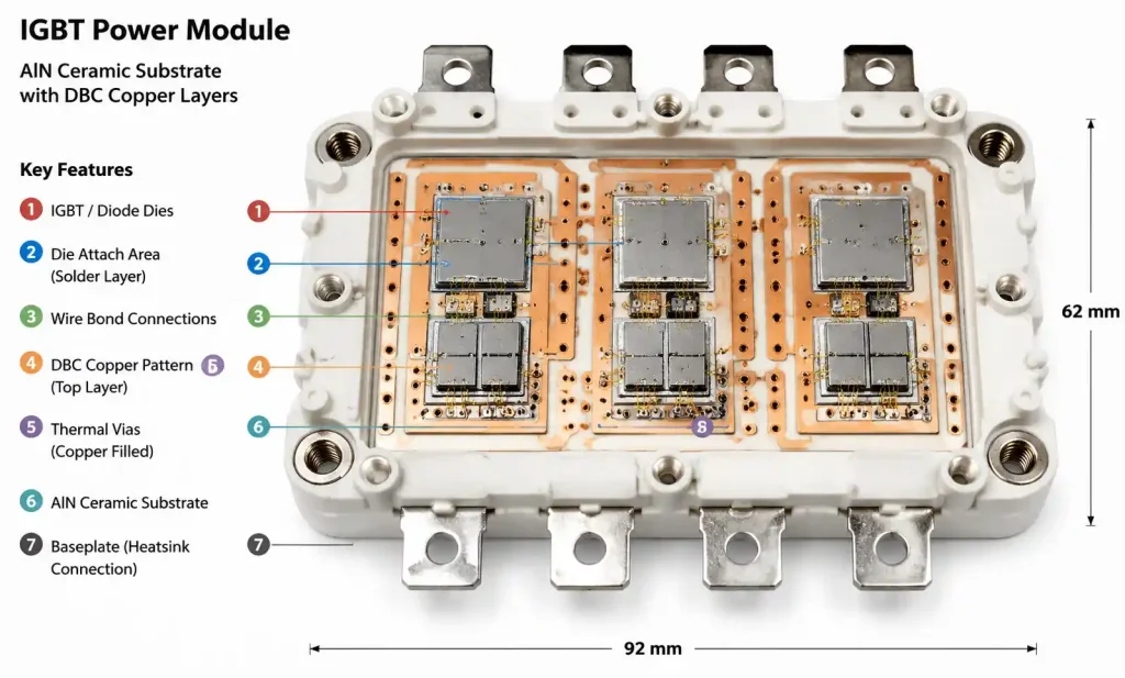 IGBT power module assembly on aluminum nitride ceramic substrate