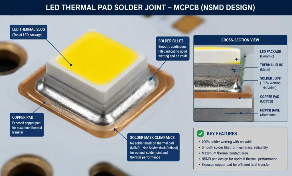 LED thermal pad solder joint on MCPCB copper layer