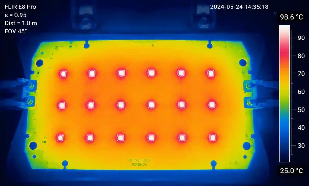 Thermal imaging photo of operating LED array on MCPCB showing temperature distribution
