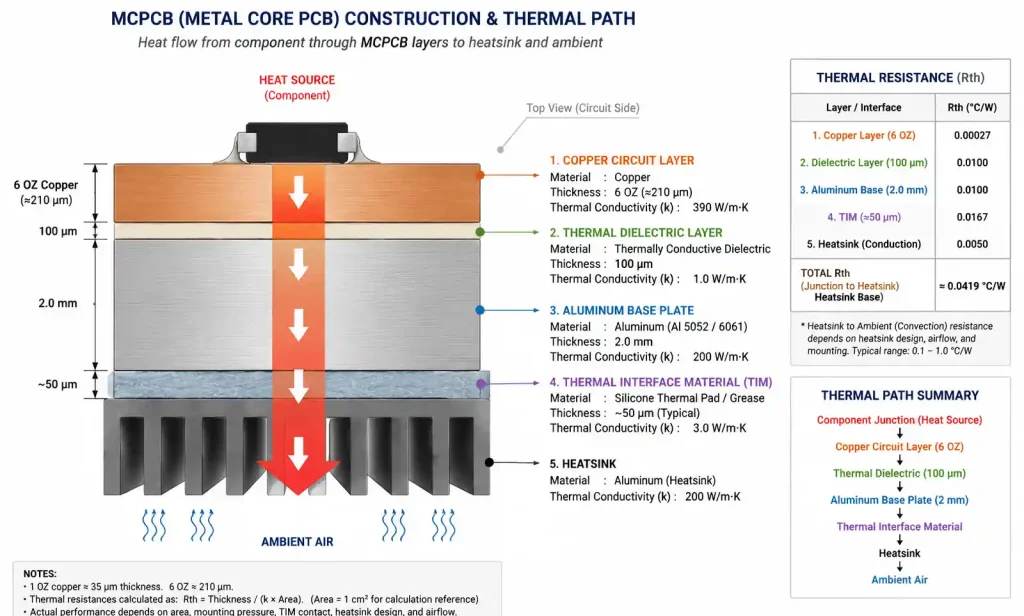 Metal core PCB construction with 6 OZ copper showing thermal transfer path to heatsink