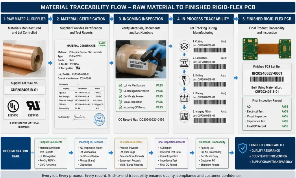 Material traceability documentation and supply chain management system for rigid-flex PCB materials