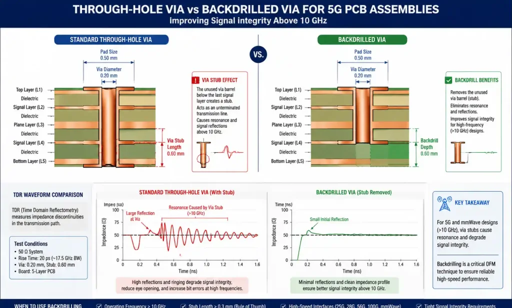 PCB via design showing backdrilling technique for reducing via stub resonance in 5G high-frequency applications