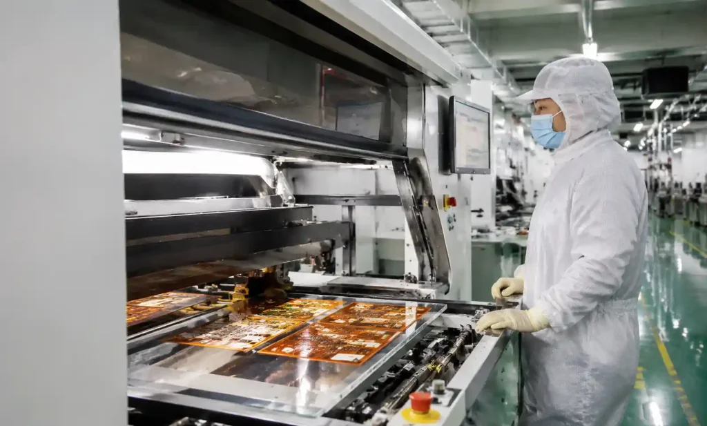 Rigid-flex PCB manufacturing and assembly line showing production process