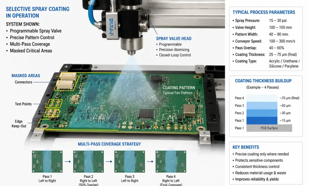 Selective spray coating system applying conformal coating to PCB assembly with automated valve control