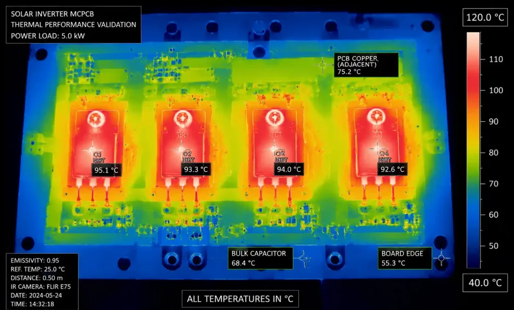 Infrared thermography image of MCPCB under power load showing temperature distribution