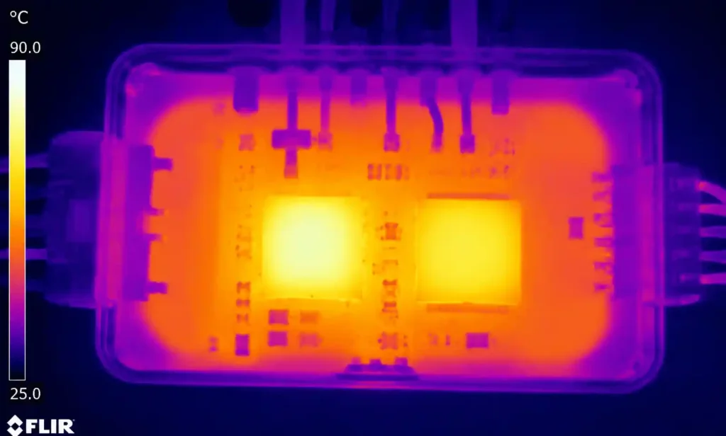 Thermal imaging or heat sink integration in potted PCB showing thermal management approach