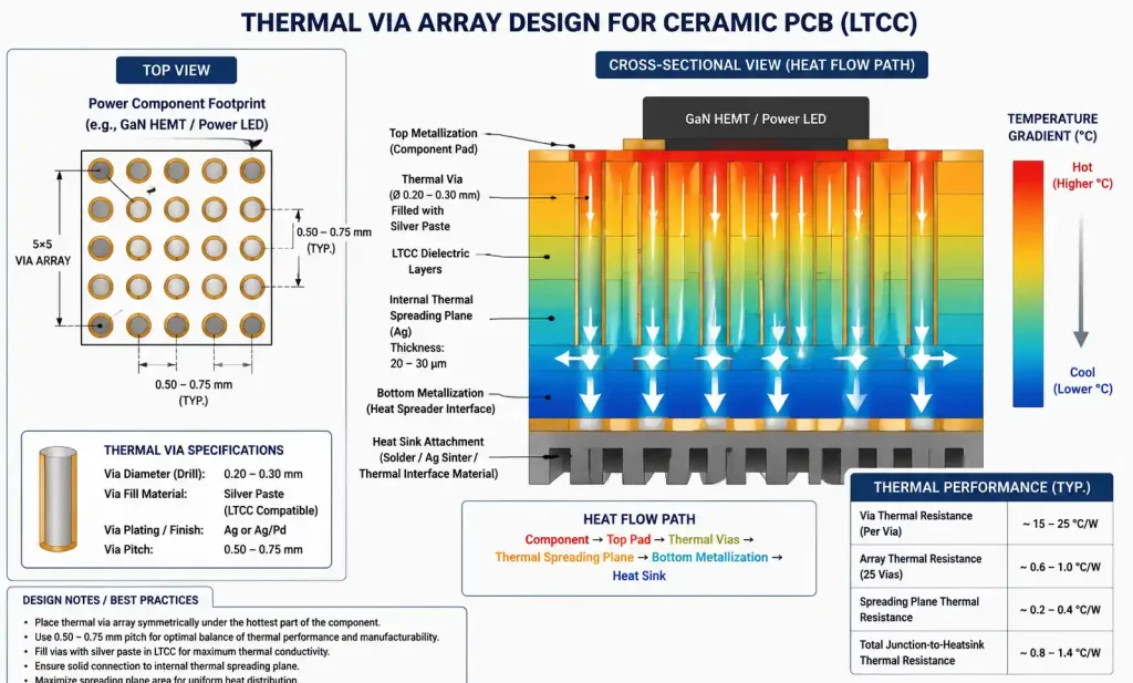 Thermal via array configuration beneath power component on ceramic PCB showing optimal spacing and heat flow paths