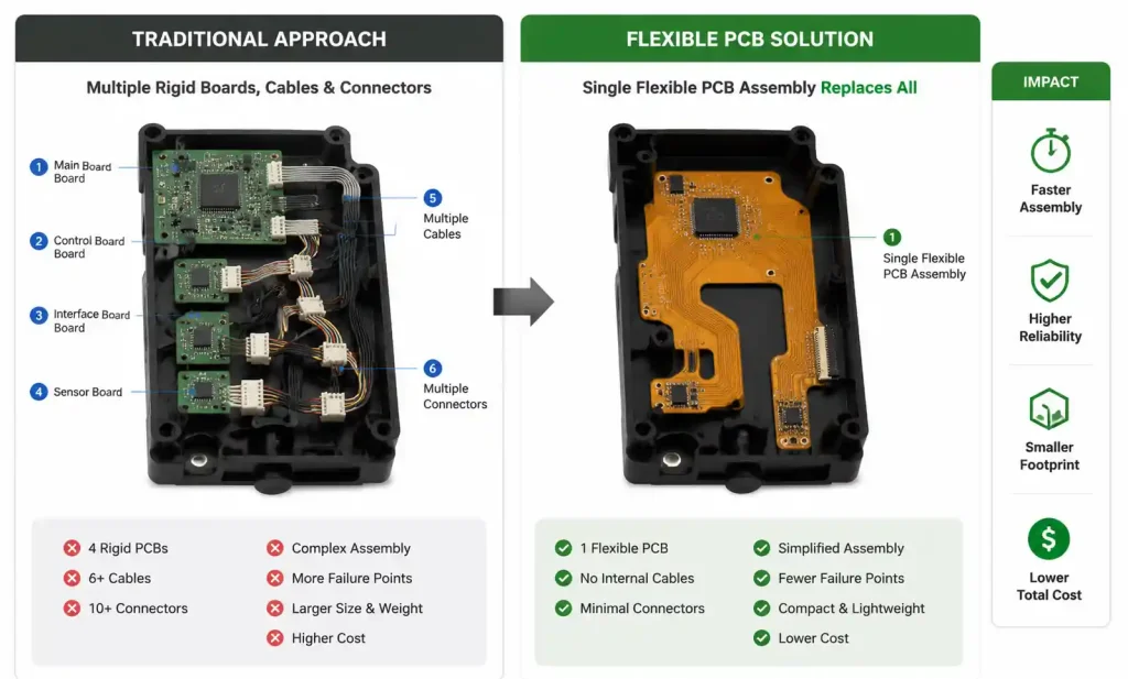 Assembly comparison showing traditional multi-board setup versus integrated flex PCB solution