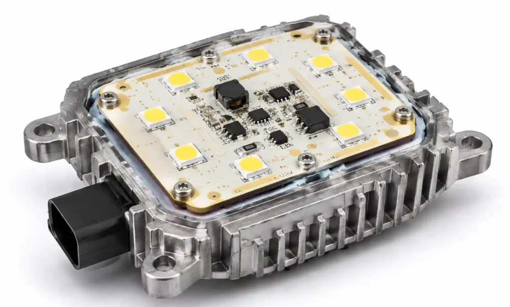 Automotive LED headlamp assembly showing MCPCB mounted to heat sink with thermal interface
