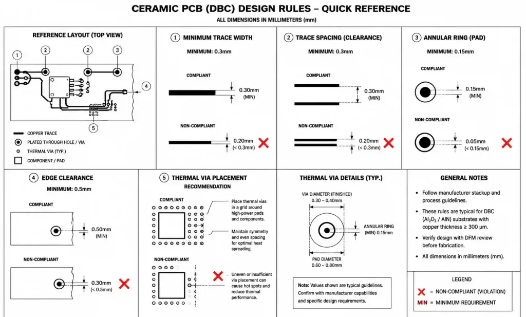 Ceramic PCB design rules diagram showing trace width spacing and clearance requirements