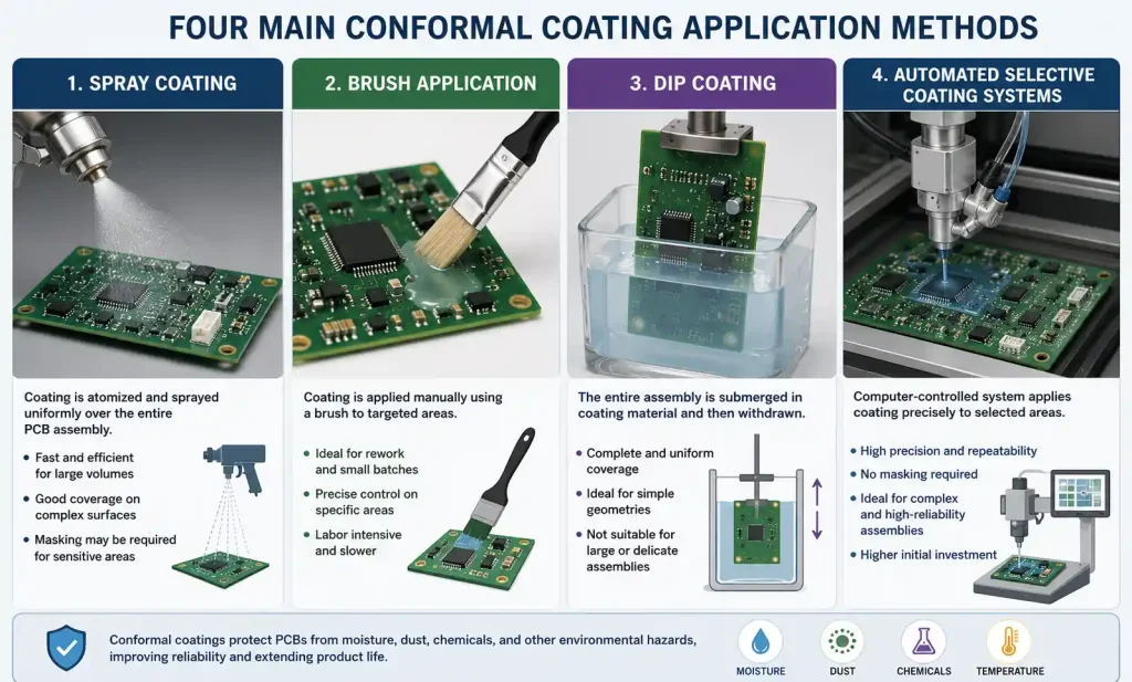 Conformal coating application methods including spray, brush, dip, and selective coating