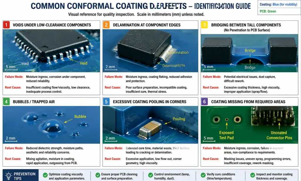 Common conformal coating defects including voids, delamination, and insufficient coverage areas