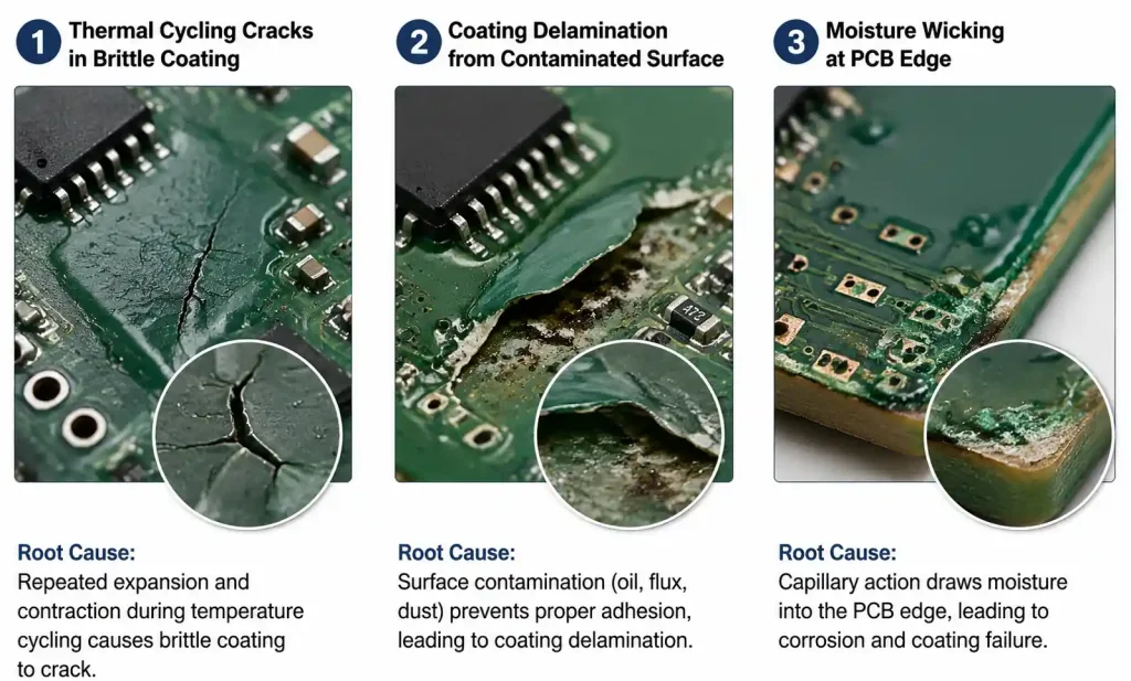 Common conformal coating failure modes: cracking, delamination, and edge wicking