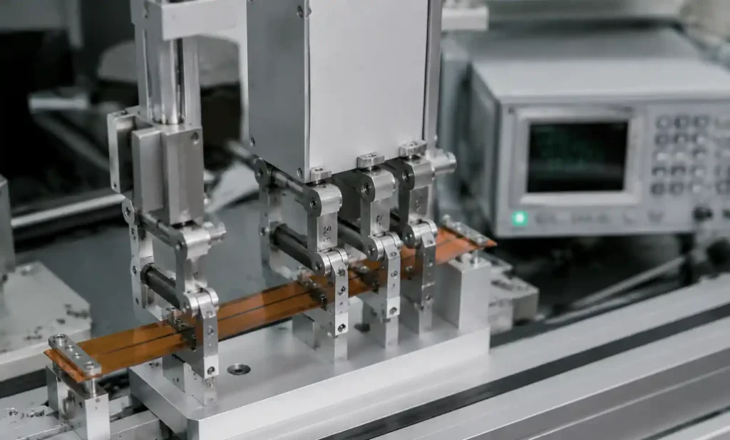 Flex PCB testing equipment showing bend cycle testing apparatus and measurement setup