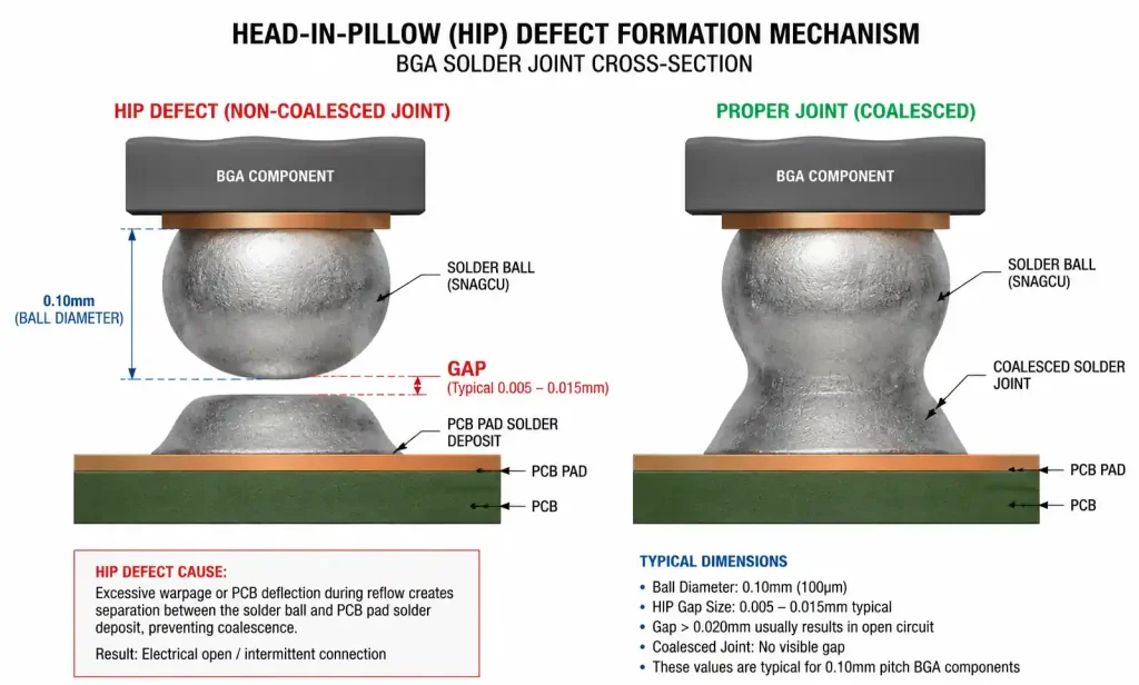 Cross-sectional view of head-in-pillow defect in 0.18mm pitch BGA assembly