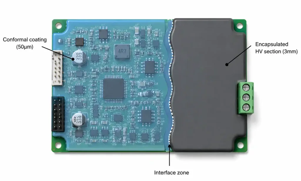 Hybrid PCB protection showing conformal coating on main board with selective encapsulation on high voltage section
