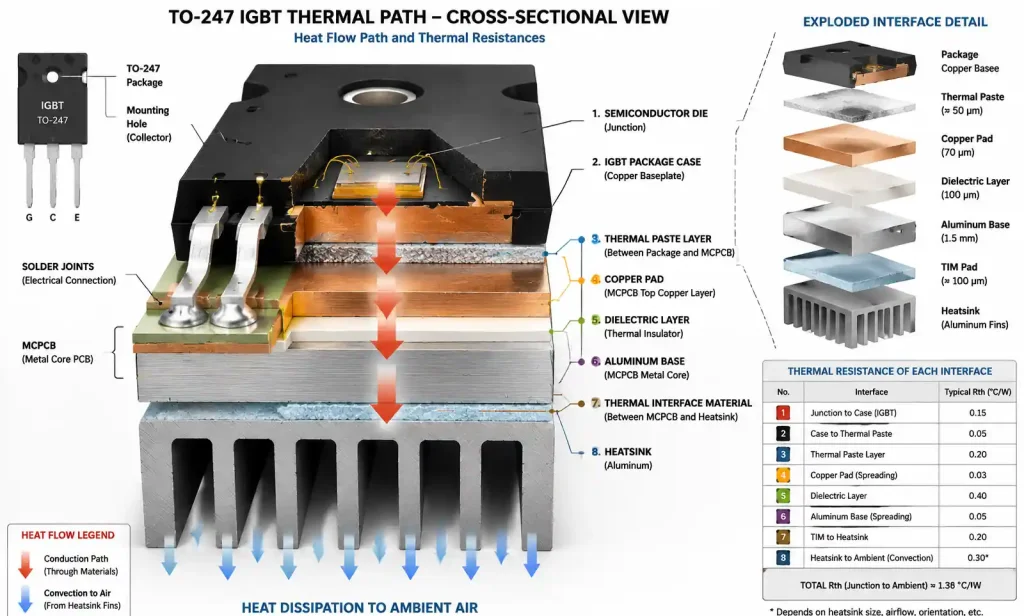 Cross-section view of TO-247 IGBT mounted on MCPCB showing thermal interface and heat flow path to heatsink