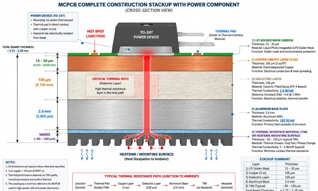Detailed MCPCB layer stackup cross-section with dimensions and materials labeled