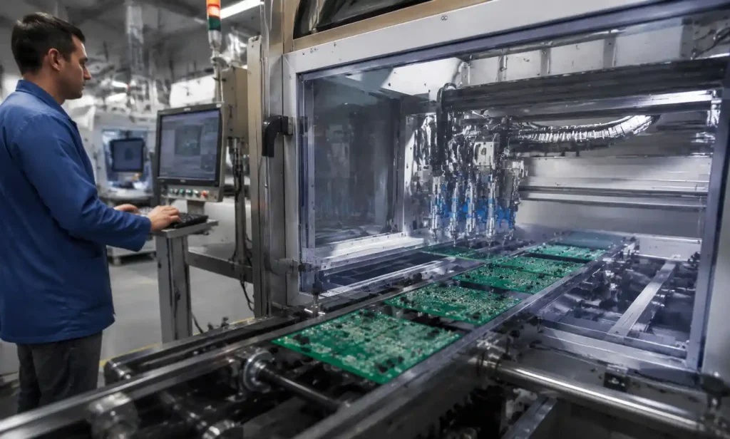 Industrial production line showing automated conformal coating application process