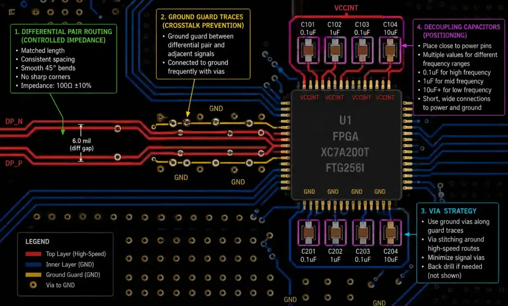 PCB trace routing showing differential pairs, guard traces, and via placement for signal integrity