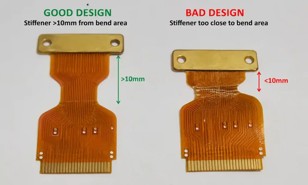 Flexible PCB samples showing correct vs incorrect stiffener placement relative to bend zone