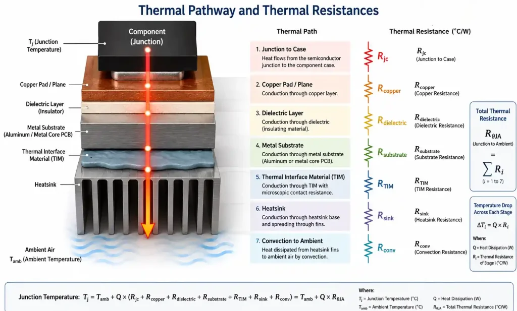 Thermal resistance chain diagram showing heat flow path from component junction through MCPCB layers to heatsink