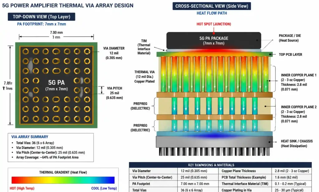 Thermal via array design under 5G power amplifier showing via placement and copper plane heat spreading