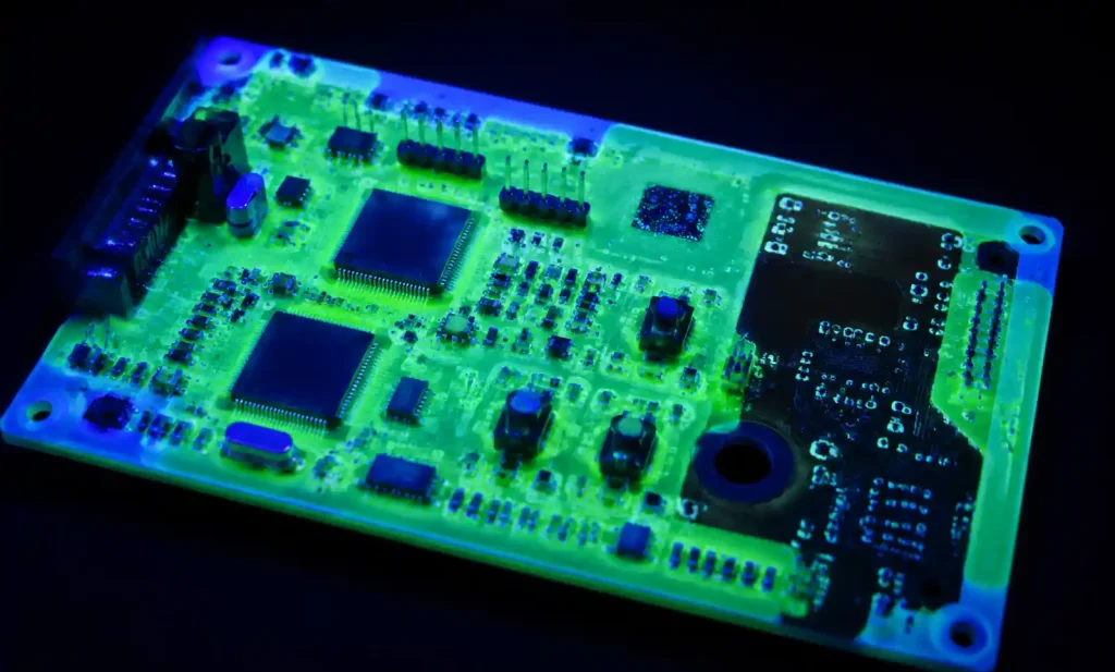 UV fluorescent conformal coating inspection showing coverage verification under UV light