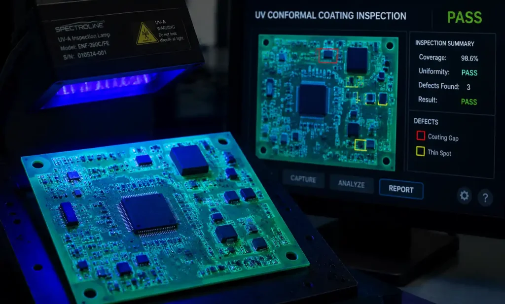 UV fluorescent inspection of conformal coating coverage on PCB