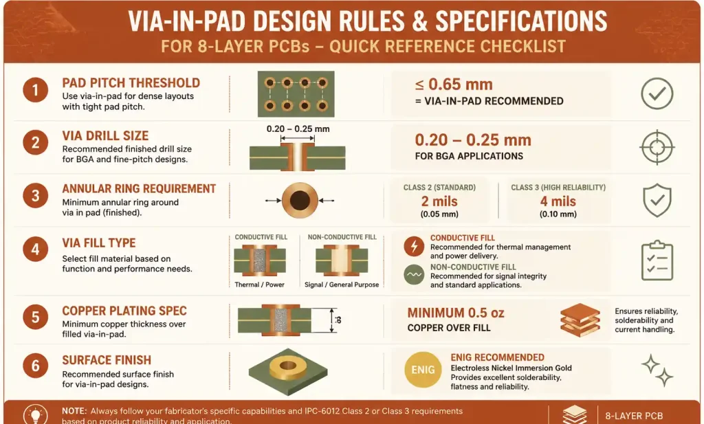 Via-in-pad design checklist for 8-layer PCB showing critical parameters and DFM requirements