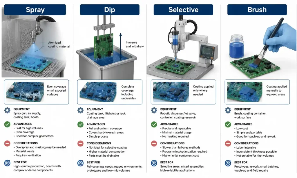 Conformal coating application methods comparison showing spray, dip, selective, and brush techniques