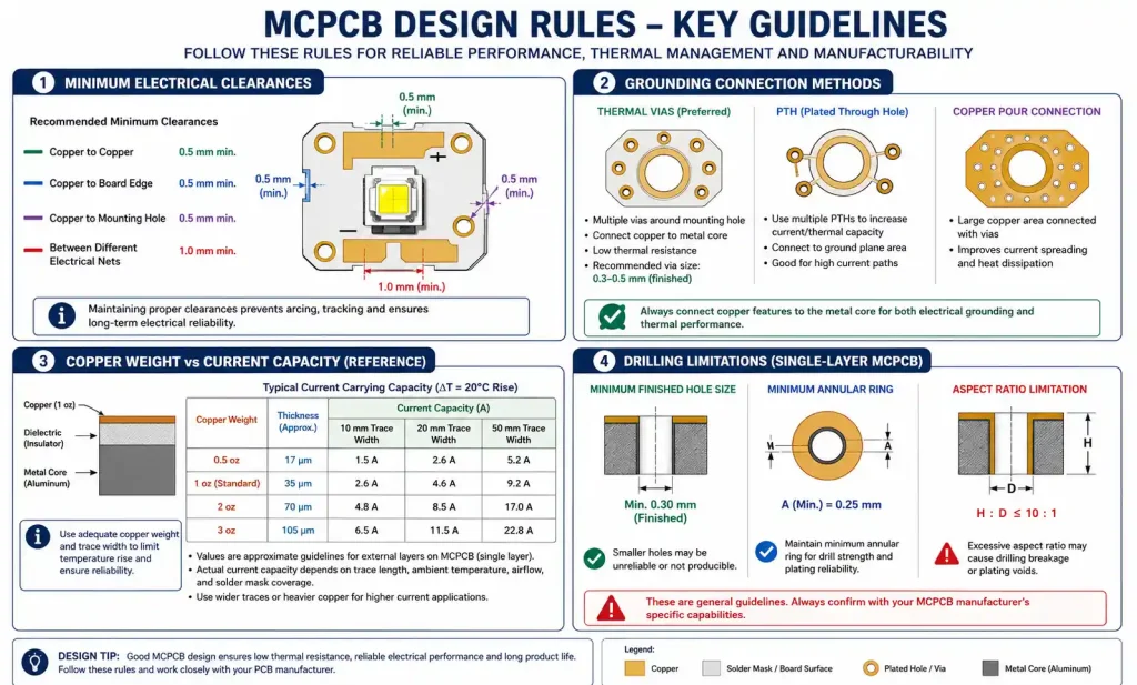 MCPCB design constraints showing minimum clearances, grounding requirements, and copper weight selection
