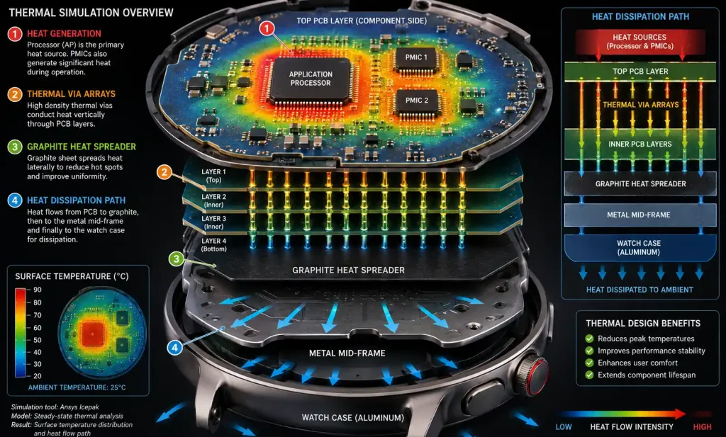 Thermal management in 3D stacked PCB showing thermal vias, heat spreaders, and heat dissipation paths